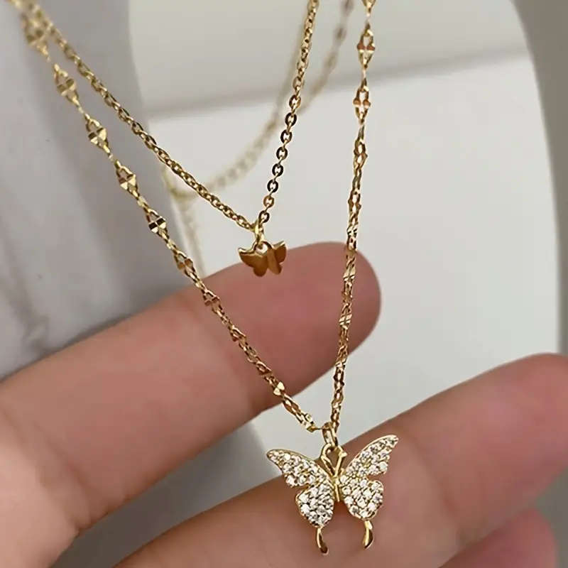 Genuine Stainless Steel Necklace Double-Layer Butterfly