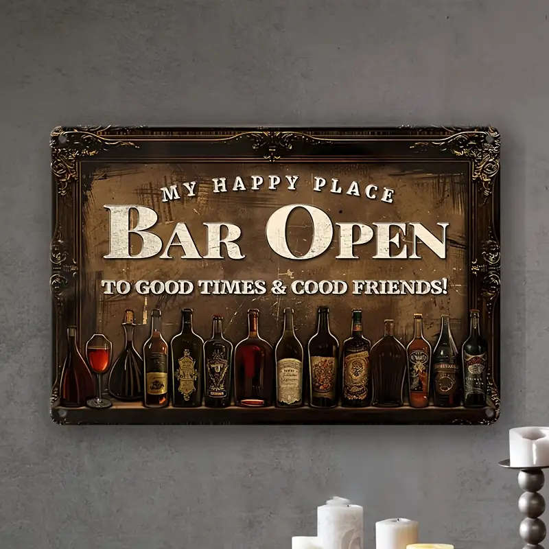 1pc Retro Metal Aluminum Sign My Happy Place Bar Open Tin Sign Wall Art Decor Vintage Garage Wall