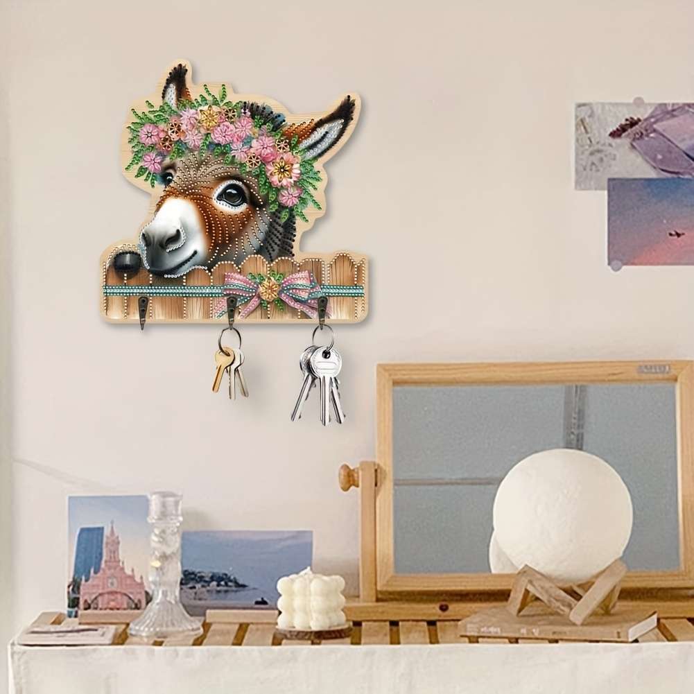 Unique Donkey Diamond Art Coat Hanger SetWall-mounted Key Holder Towel Rack Hat Rack with Decor