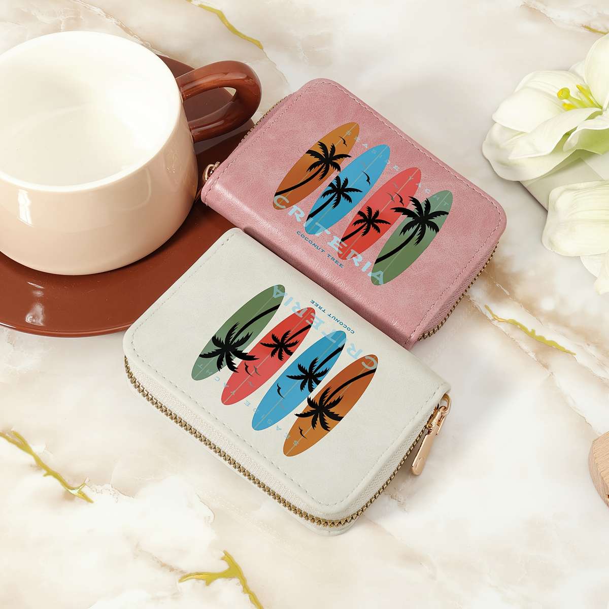 Tropical Print Women'S Compact Wallet Stylish Zippered Clutch