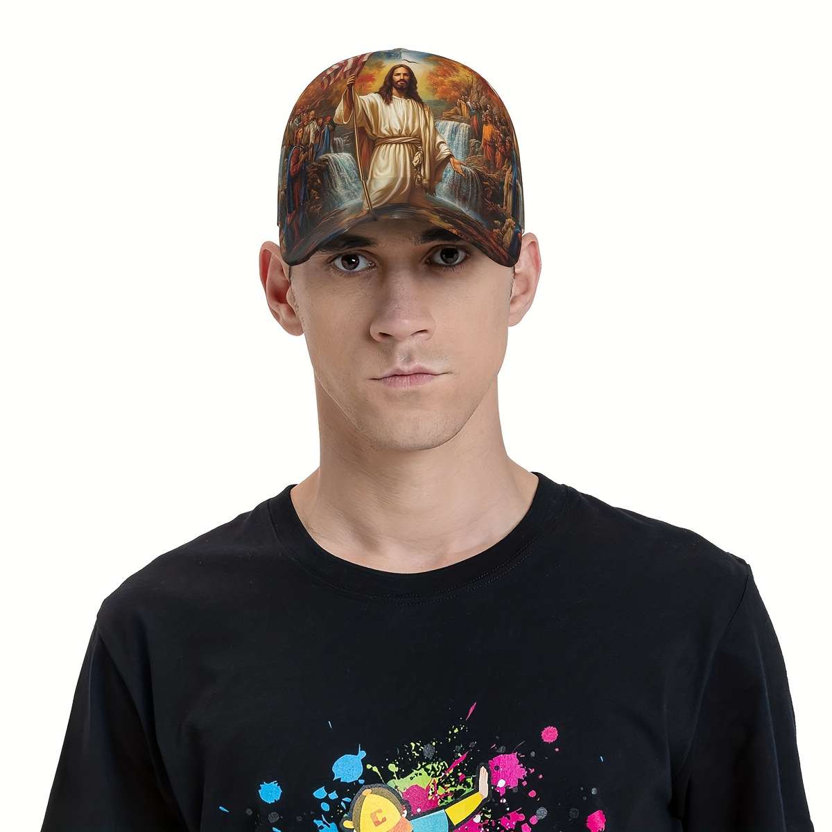 Adjustable Polyester Baseball Cap Jesus and American Flag Print Curved Brim Sports Running H