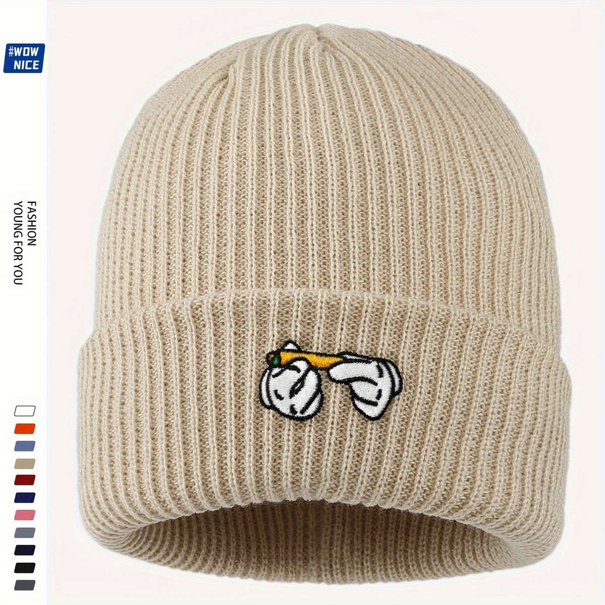 Rendy Leaf Embroidered Acrylic Beanie Unisex Cartoon Cigarette Design Knit Skull Cap Lightwei