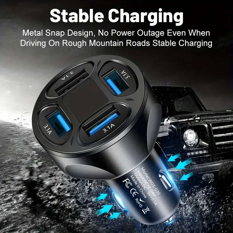 1pc 4in1 USB Car Charger 3.1A 4 Ports Fast Charger Adapter Car Charger Color sent randomly
