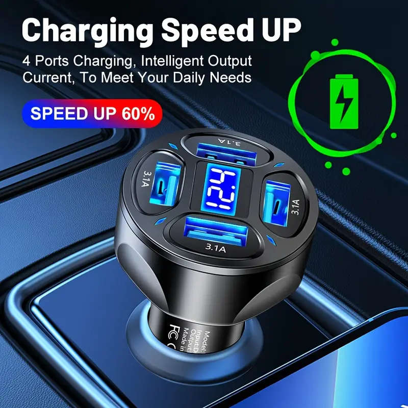 1pc 4in1 USB Car Charger 3.1A 4 Ports Fast Charger Adapter Car Charger Color sent randomly