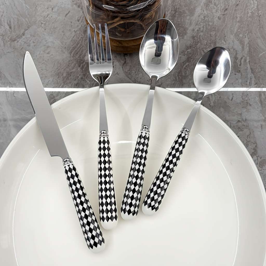 4pcs Ceramic Handle Stainless Steel Cutlery Polished Surface Cutlery with Striped Pattern Pr