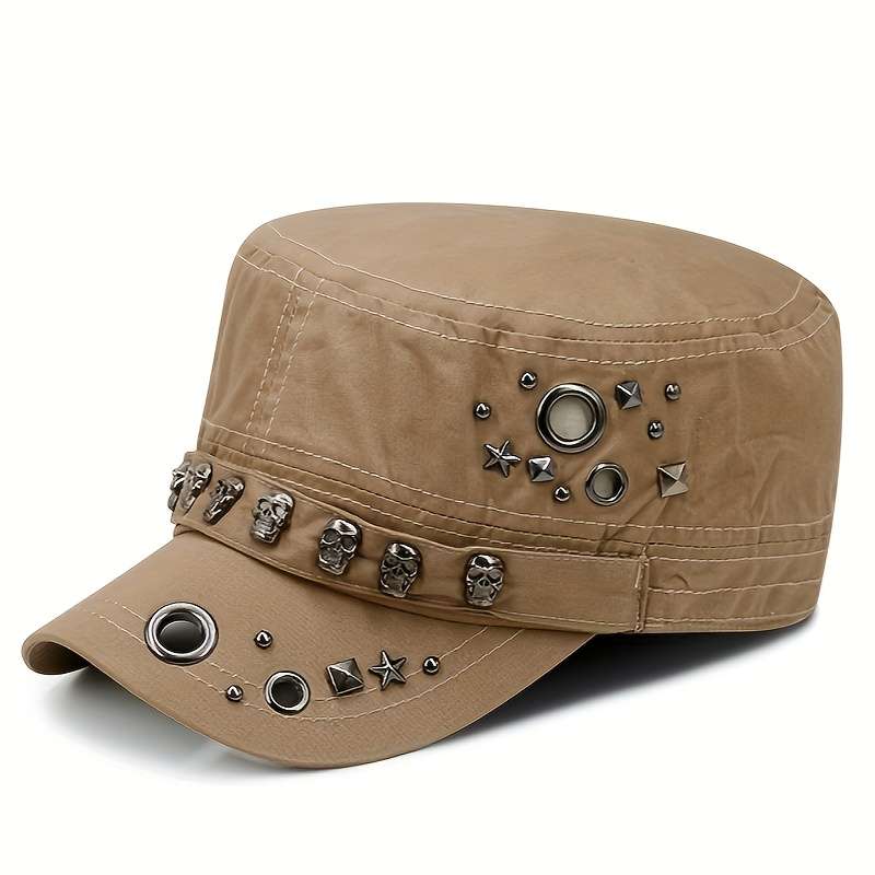 1pc Vintage Skull Rivet Flat Top Hat Lightweight Stretchable Cotton Sun Cap for Independence Day