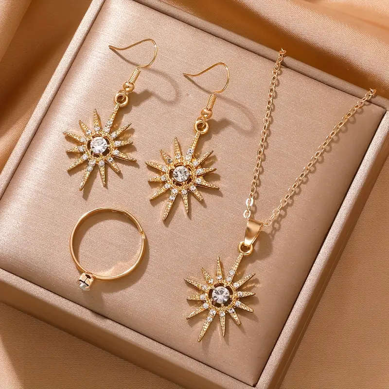 Elegant 4 pieces Sun Pendant Jewelry Set with Luxurious Rhinestones