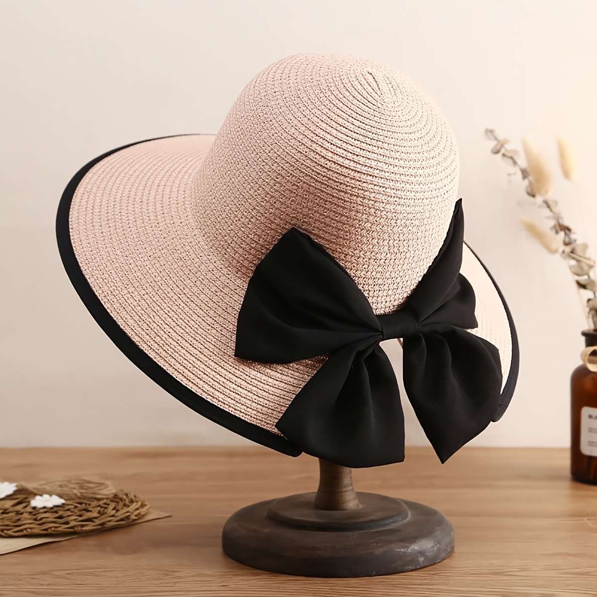 1pc Stylish Wide Brim Straw Sun Hat with Black Ribbon Bow Lightweight Polyester Beach Hat for Wom