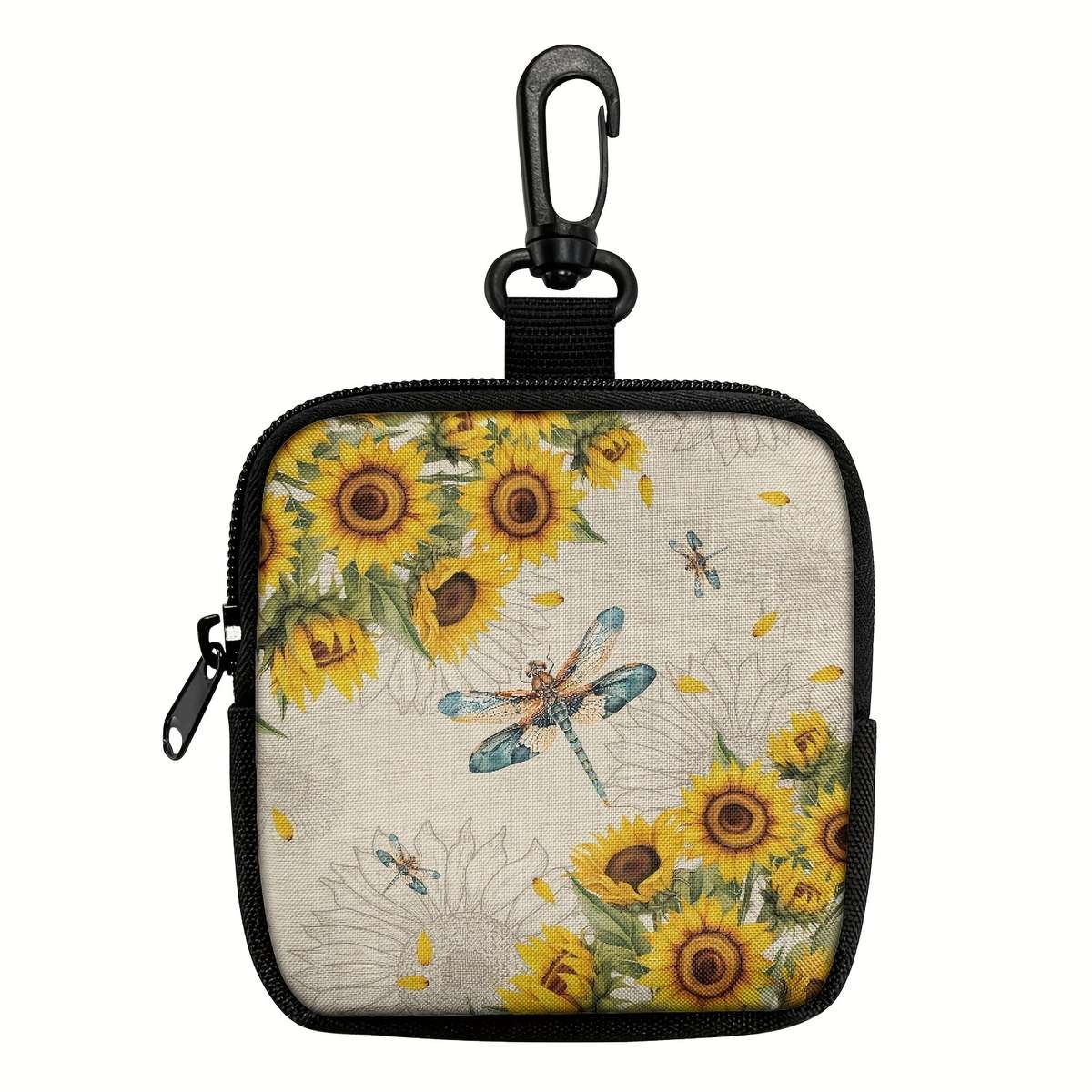 Multi-Pocket Zippered Wallet Coin Purse Chic Floral Dragonfly Print Hanging Purse With Key