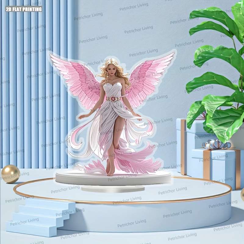 1pc 2D Flat  Bohemian Style  Print Acrylic Angel Desktop Decoration with Pink Wings Serene