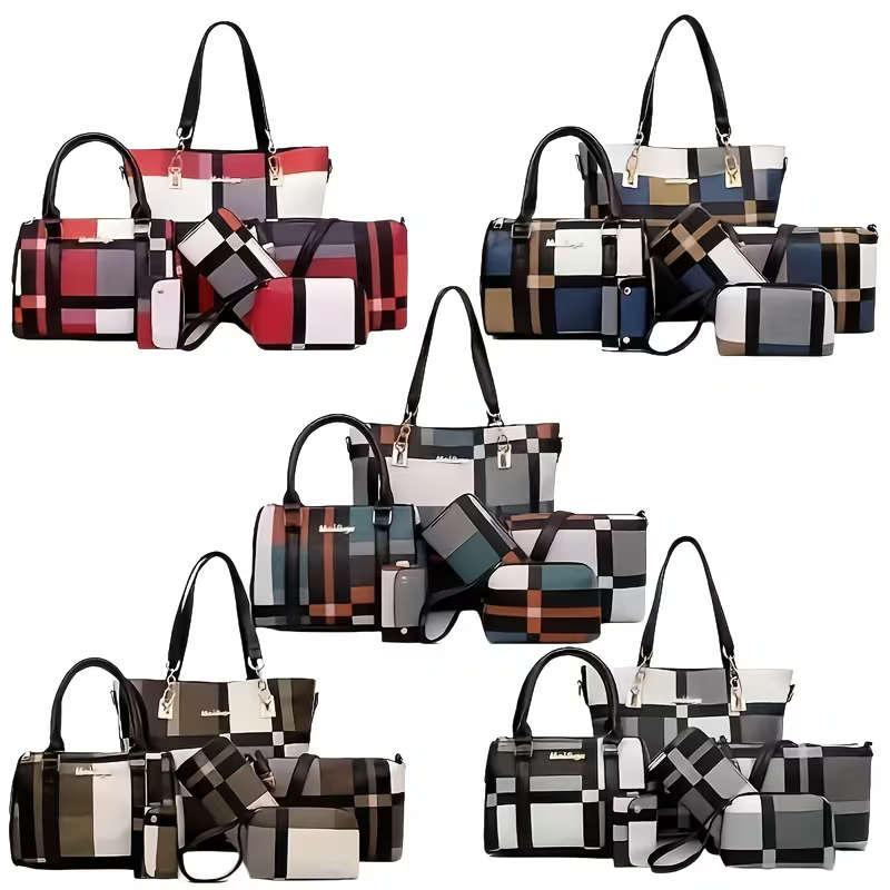 6Pcs Women Plaid Bag Set Tote Crossbody,Clutch Wallets