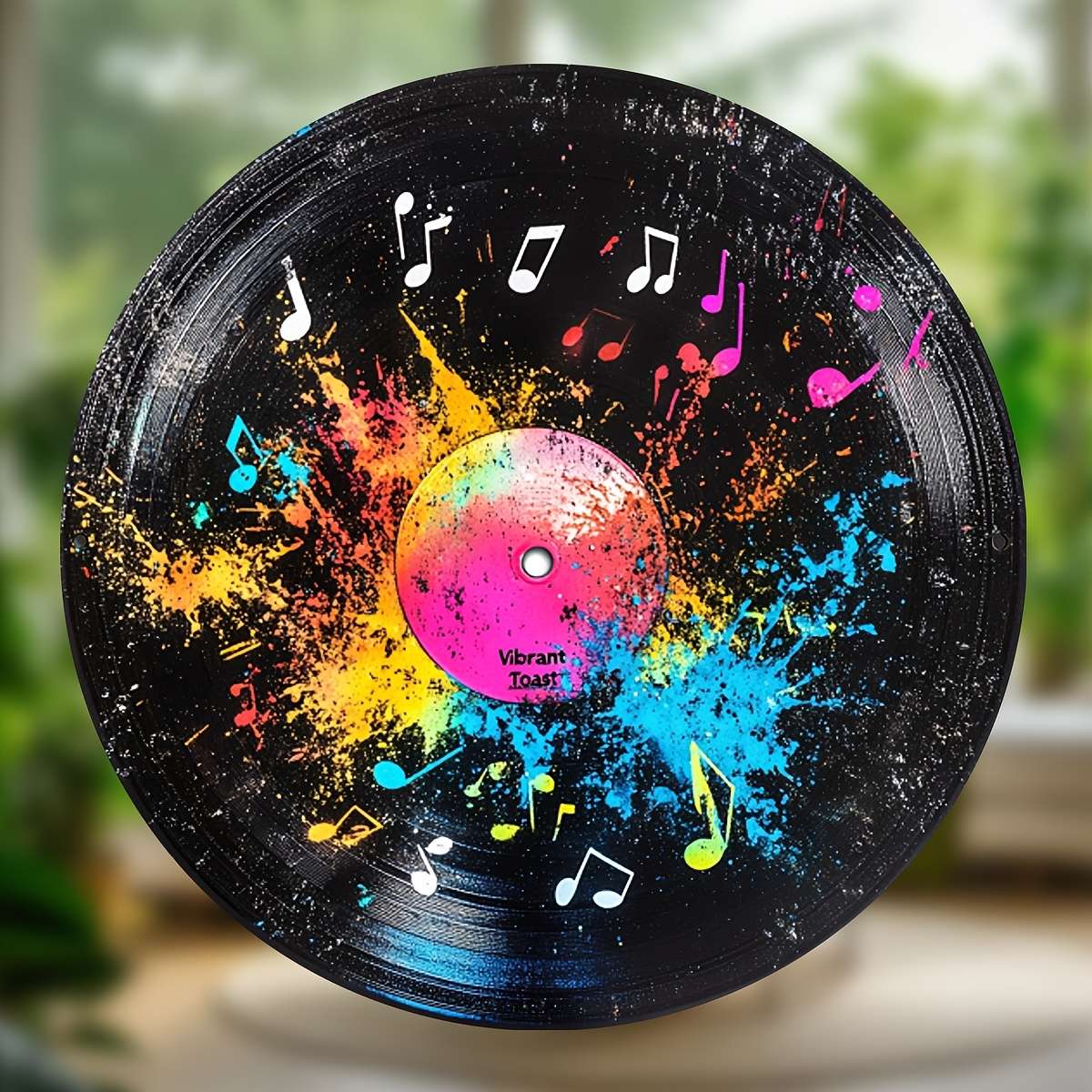 1 Retro Vinyl Record-Themed Wooden Wall Decor Colorful Splatter Musical Notes Round Plaque