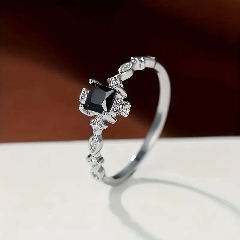 Vintage-Inspired Black Square Cubic Zirconia Ring