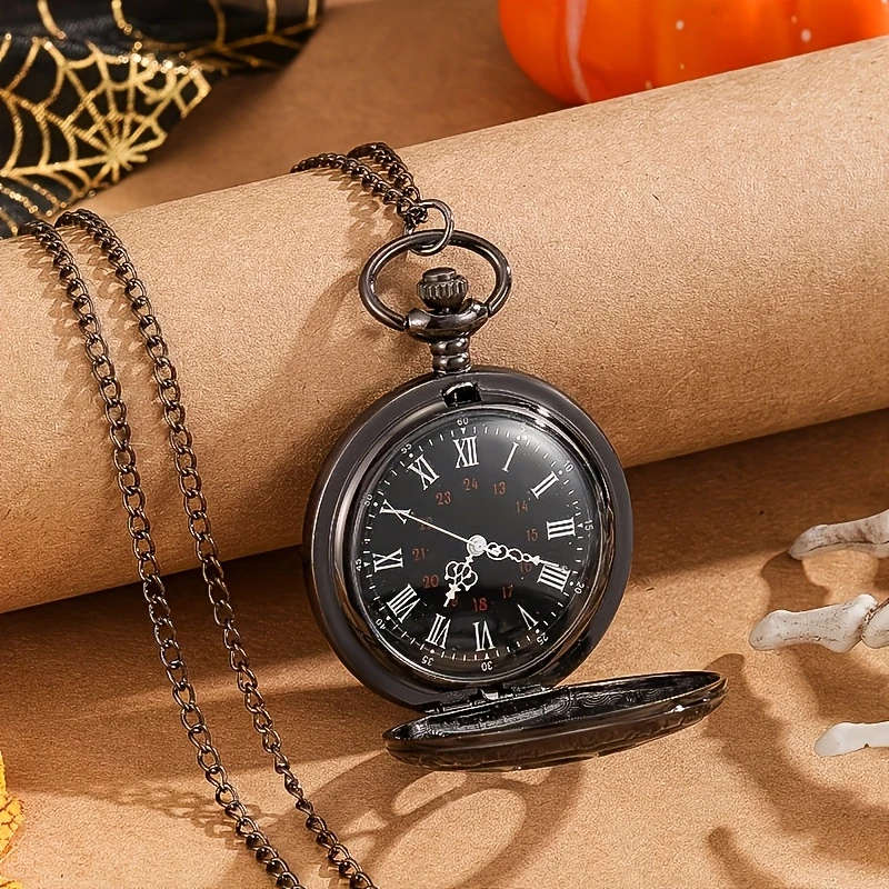 1Pc Hollow Pocket Watch Black Roman Dial Necklace Pendant Watch