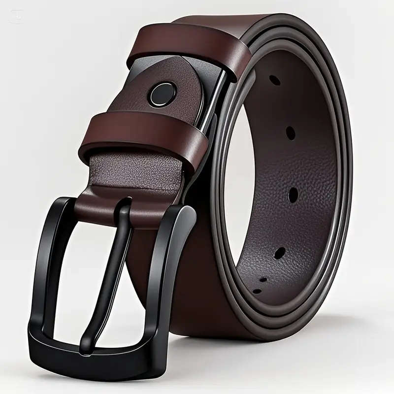 Men's Leather Coffee Belt with Black Belt Buckle - L/XL
