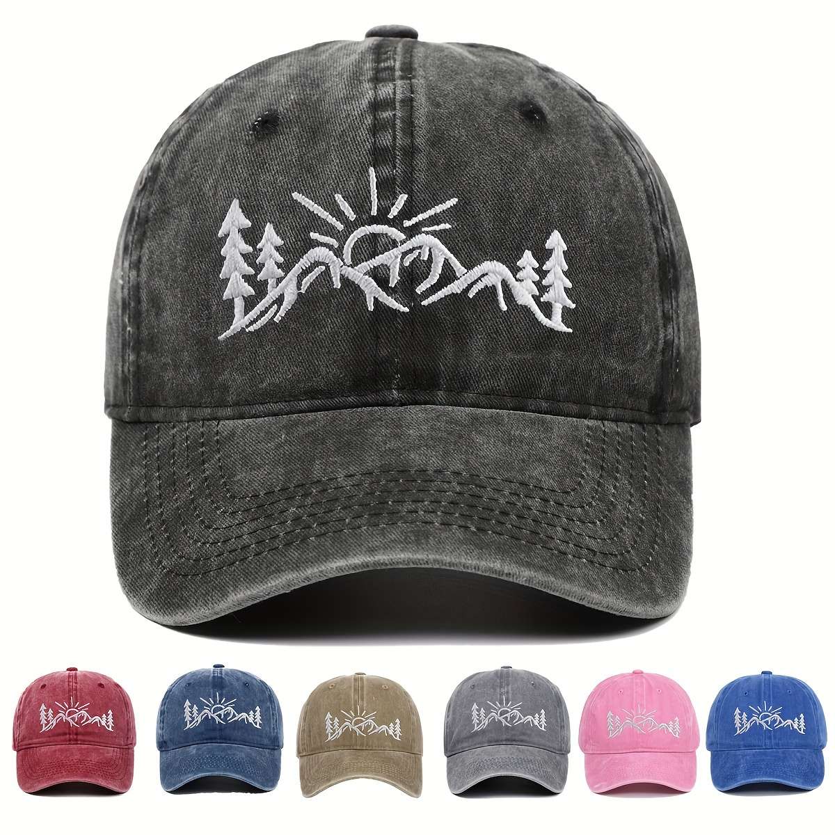1pc Embroidered Mountain Design Baseball Cap 100% Cotton Adjustable Buckle Closure Lightweight