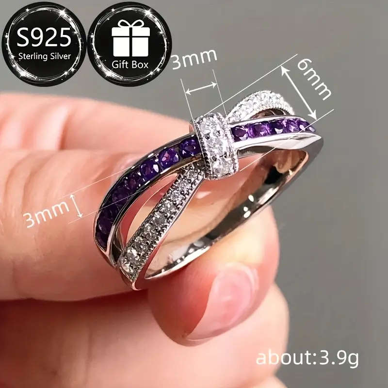 925 Sterling Silver Ring with Sparkling Purple Cubic Zirconia, Boho-Chic Style