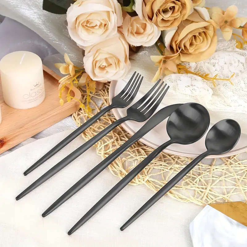 8 Piece Black Stainless Steel Cutlery Set with Knives, Forks, Spoons & Dessert Spoons