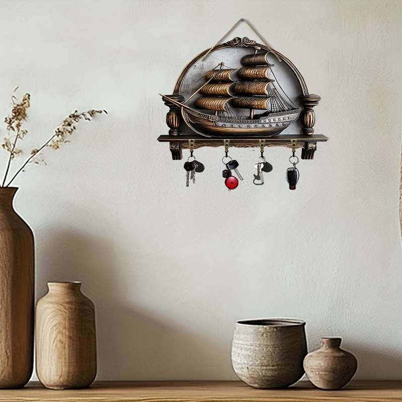 Ship Model Key Hook With Four Metal Hooks (11.81X9.84) 2D Wall Art Wall Decoration Porch De
