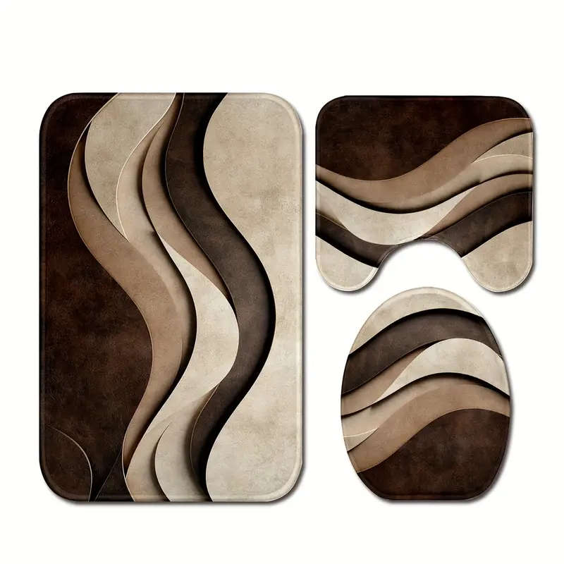 3 Piece Modern Abstract Wave Texture Bathroom Mat Set