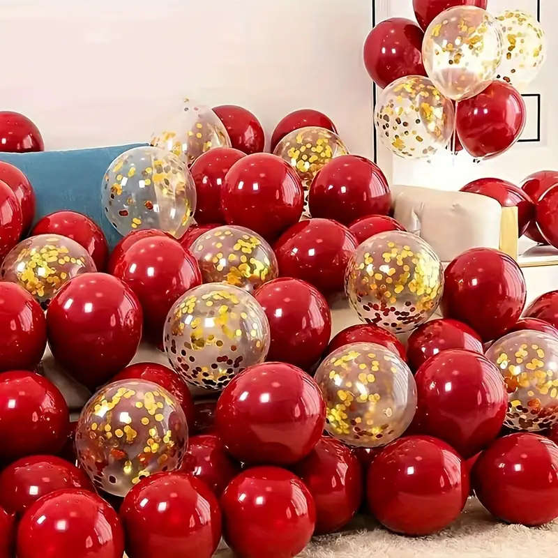 50 Red And Gold Confetti Latex Balloons