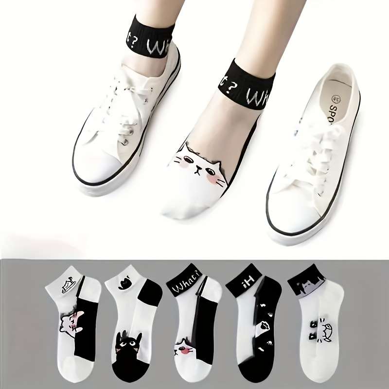 5 Pairs Black And White Cat A One Size High Elastic Socks