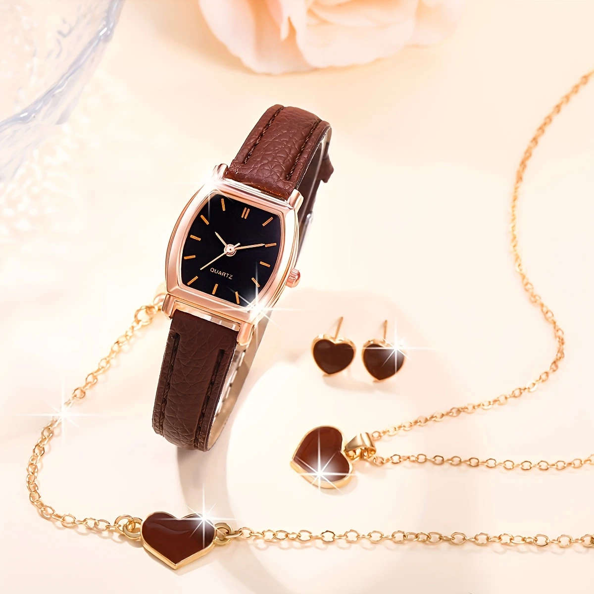 4pcs Set Ladies Watch Women Brown PU Strap Casual Quartz Watch And Heart Necklace Earings Bracelet J
