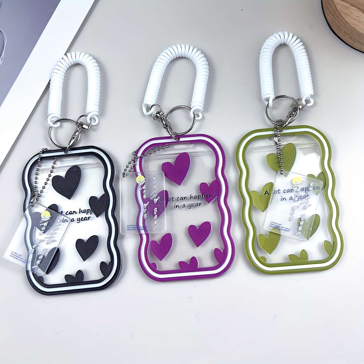 1pc TPU ID Card Holder with Love Text Pattern Portable Office Travel Card Case with Spring Lan