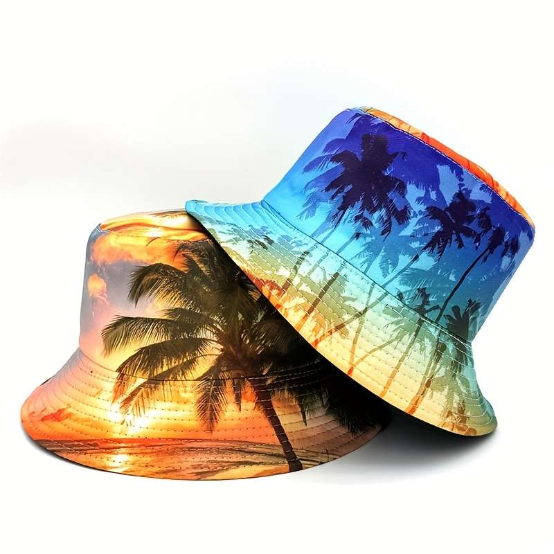 Tropical Sunset Beach Palm Tree Print Reversible Bucket Hat Lightweight Polyester Unisex Fish