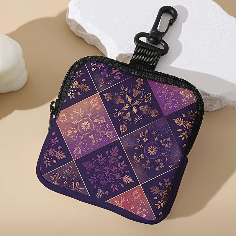 Square Grid Pattern Printed Coin Purse With Buckle And Zipper Pocket Multi-Functional Sto