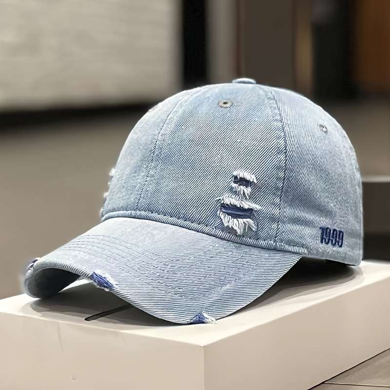 1pc Unisex Denim Baseball Cap 1999 Distressed Embroidery Lightweight Adjustable Button Closure