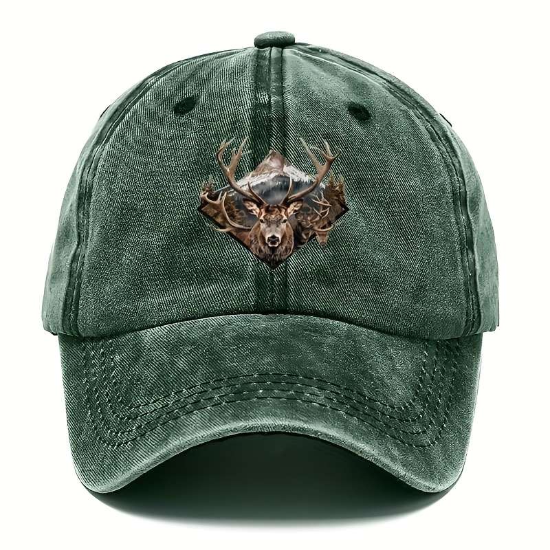 1pc Vintage-Style Unisex Elk Baseball Cap Green Suede with Deer Head Design Adjustable Fit for O