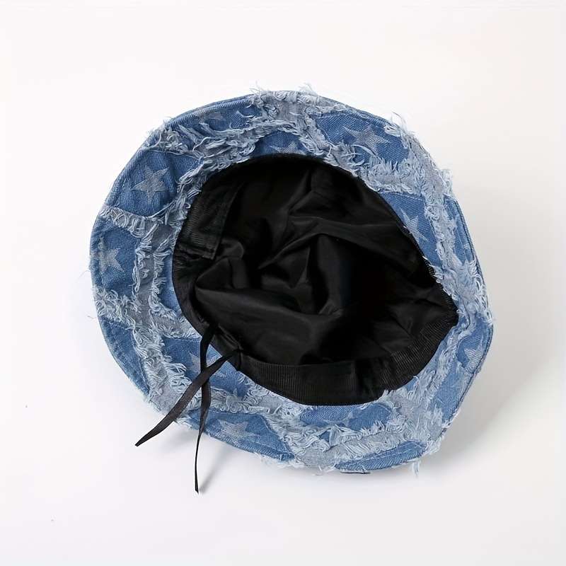 1pc Distressed Star-Patterned Denim Bucket Hat Foldable Sun-Protective Outdoor Cap for Men Wom