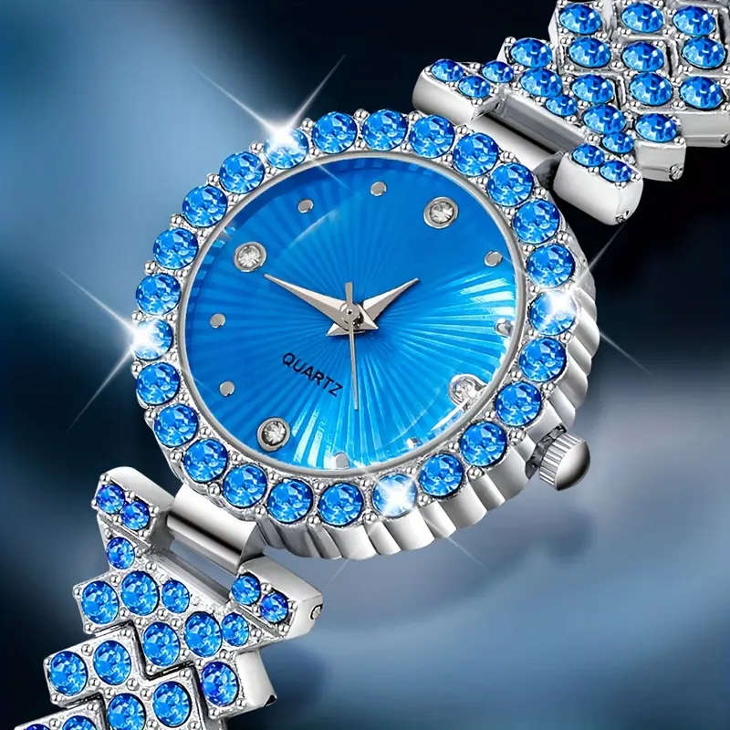 5pcs Elegant Women's Quartz Watch Heart-Shaped Gemstone Jewelry Set Glamorous Blue Crystal Wristwatc