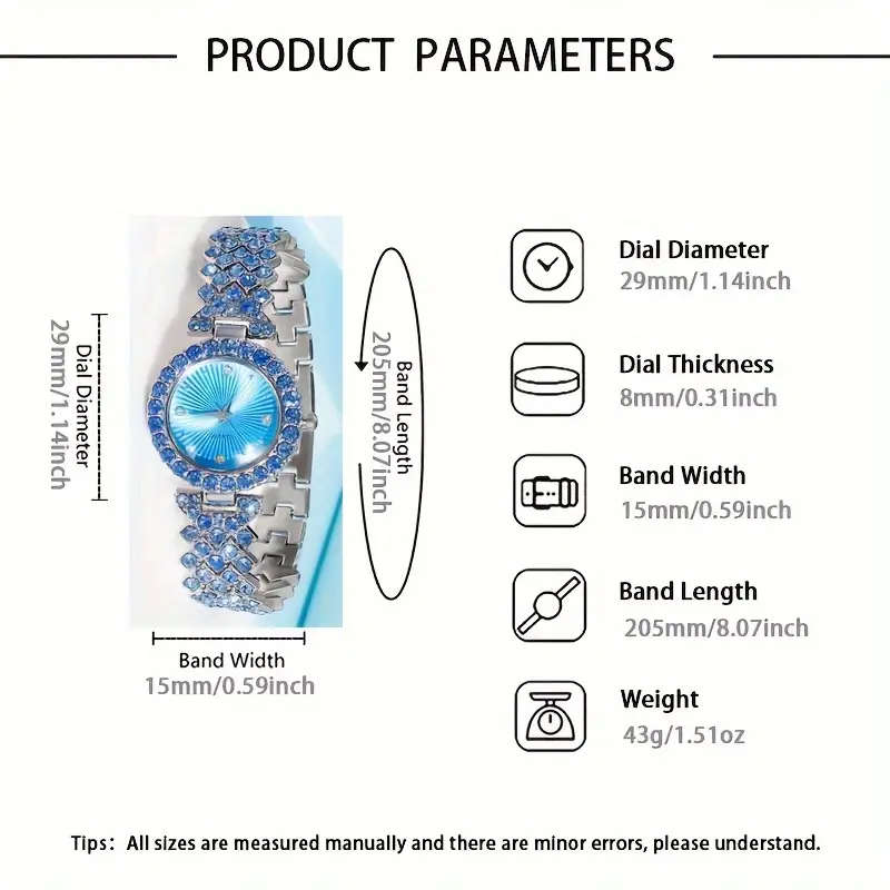 5pcs Elegant Women's Quartz Watch Heart-Shaped Gemstone Jewelry Set Glamorous Blue Crystal Wristwatc