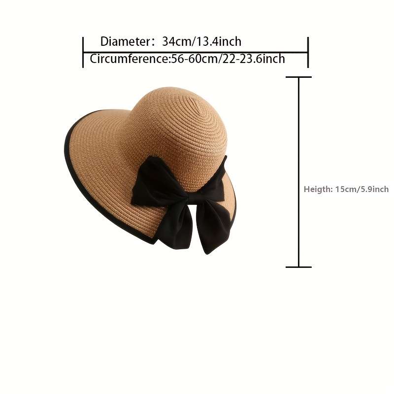 1pc Stylish Wide Brim Straw Sun Hat with Black Ribbon Bow Lightweight Polyester Beach Hat for Wom