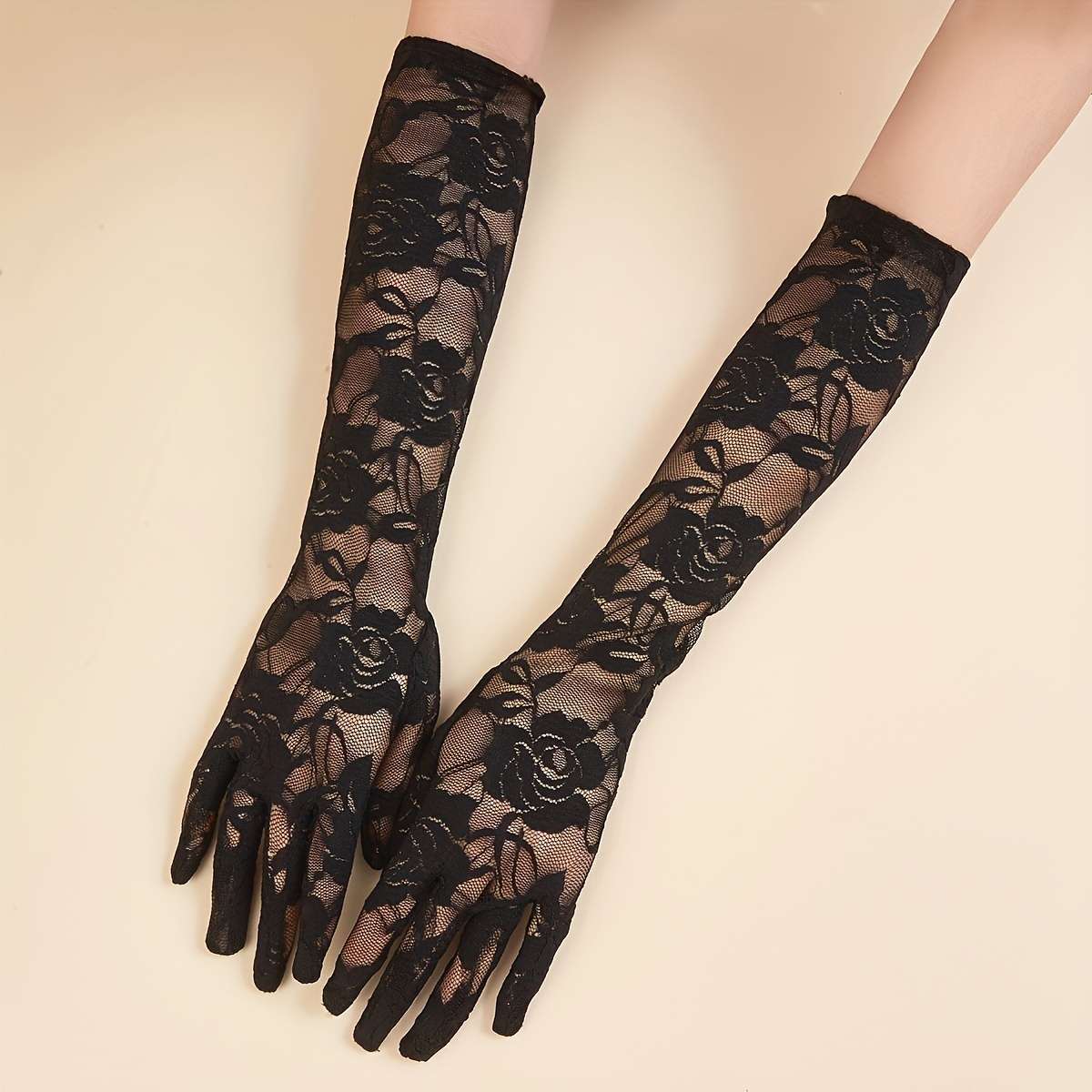 1 Pair Black Lace Flower Dark Style Long Gloves