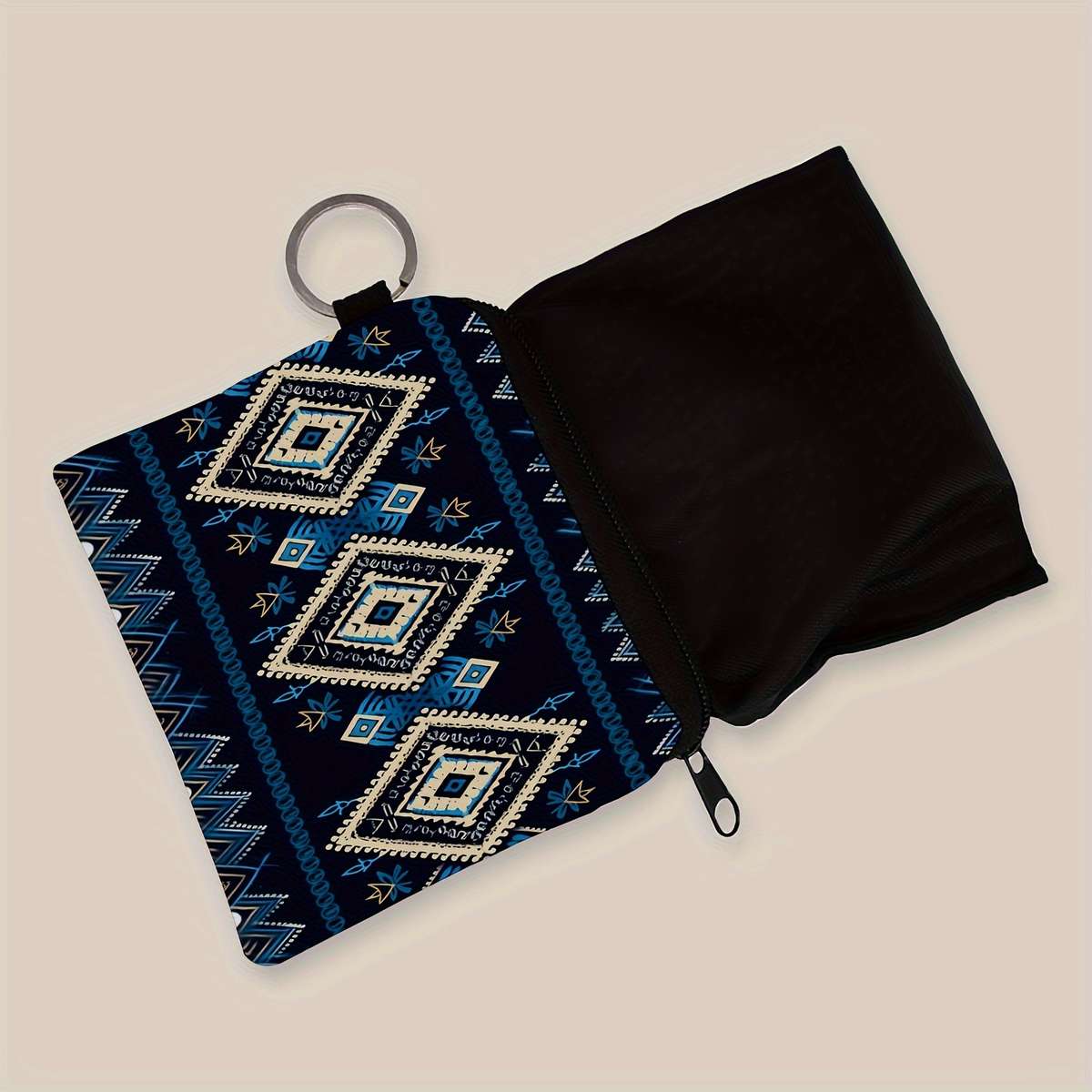 Sweet Aztec Pattern Compact Purse Blue Black Geometric Design Zippered Small Wallet Wi