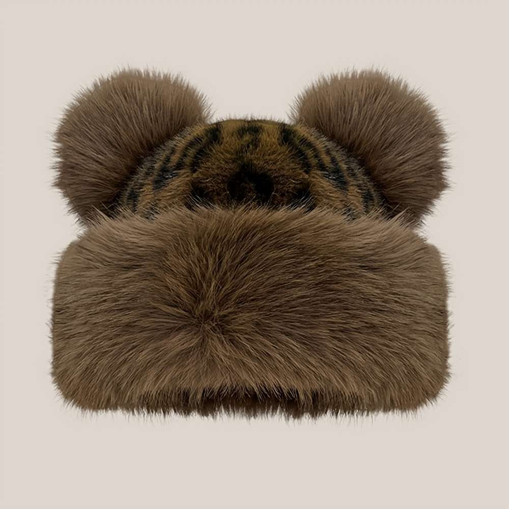 Thick Breathable Faux Fur Leopard Print Beanie With Bear Ears Chic Plush Hat