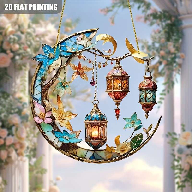 2D Flat Art Deco Acrylic Whimsical Moon Sun Catcher Hanging Decoration Vibrant Floral