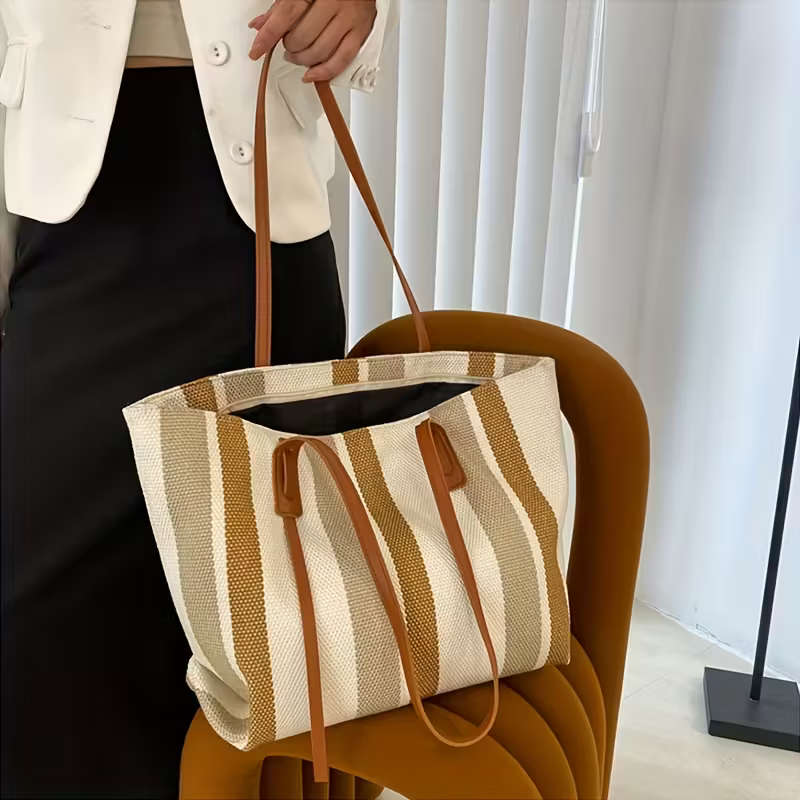 Simple Vertical Stripes Large-Capacity Handbag Brown