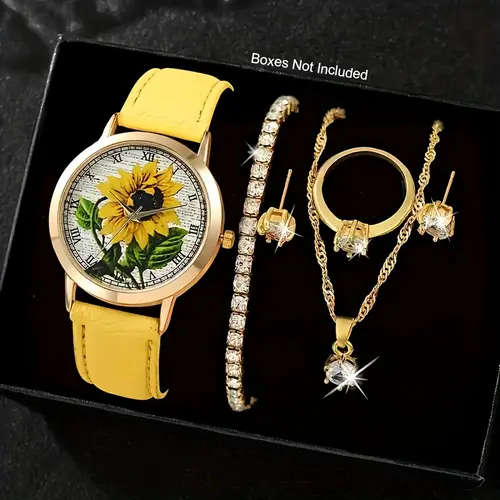 6pcs Set Women's Quartz Watch Set Bracelet Necklace Ring Earrings Jewelry Set Yellow Sunflower Fashi