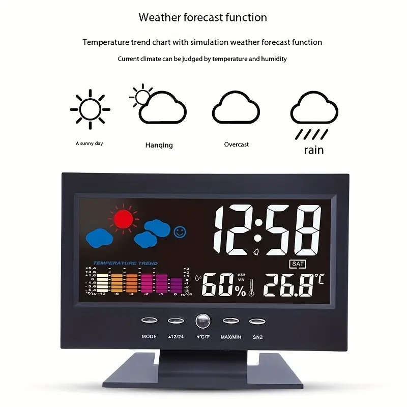 1pc Modern Multi-Function Digital Alarm Clock with Weather Forecast Silent Snooze USB Charging Port