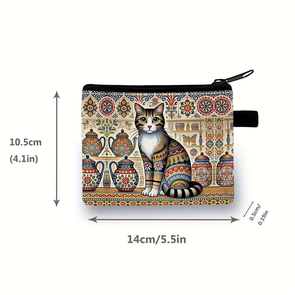 Bohemian Style Cat Print Pouch Vibrant Floral Teapot Design Zipper Closure Polyester Mate