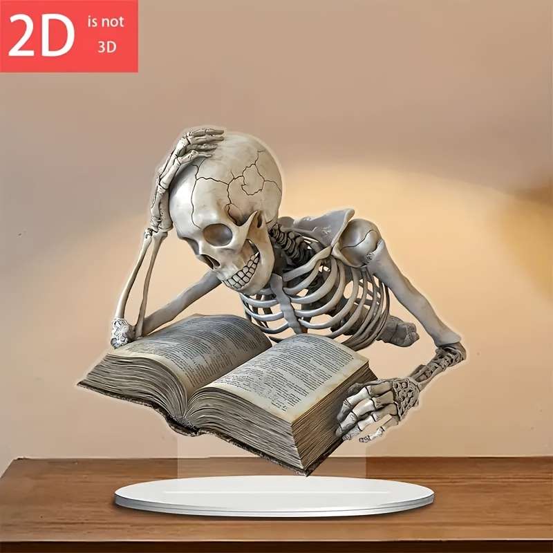 1pc 2D Flat   Acrylic Skeleton Desktop Decoration Classic Style Thoughtful Reading Pose Creat