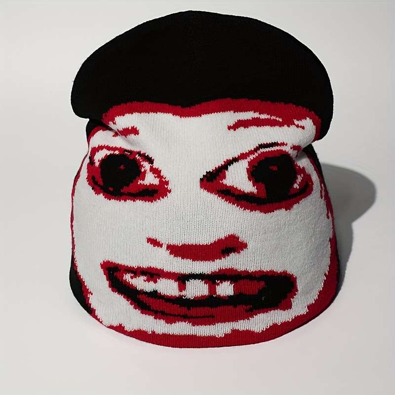 Trendy Knit Beanie with Unique Big Eyes Mouth Design Stretch Fit Lightweight