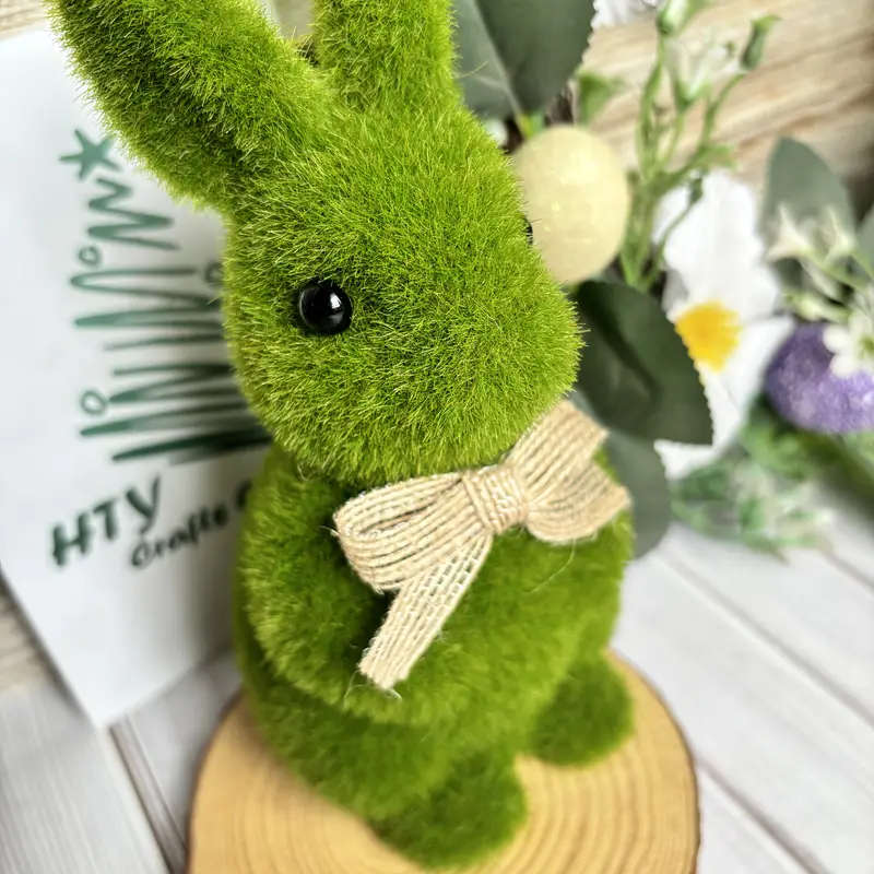 1 Charming Green Flocked Bunny Statue