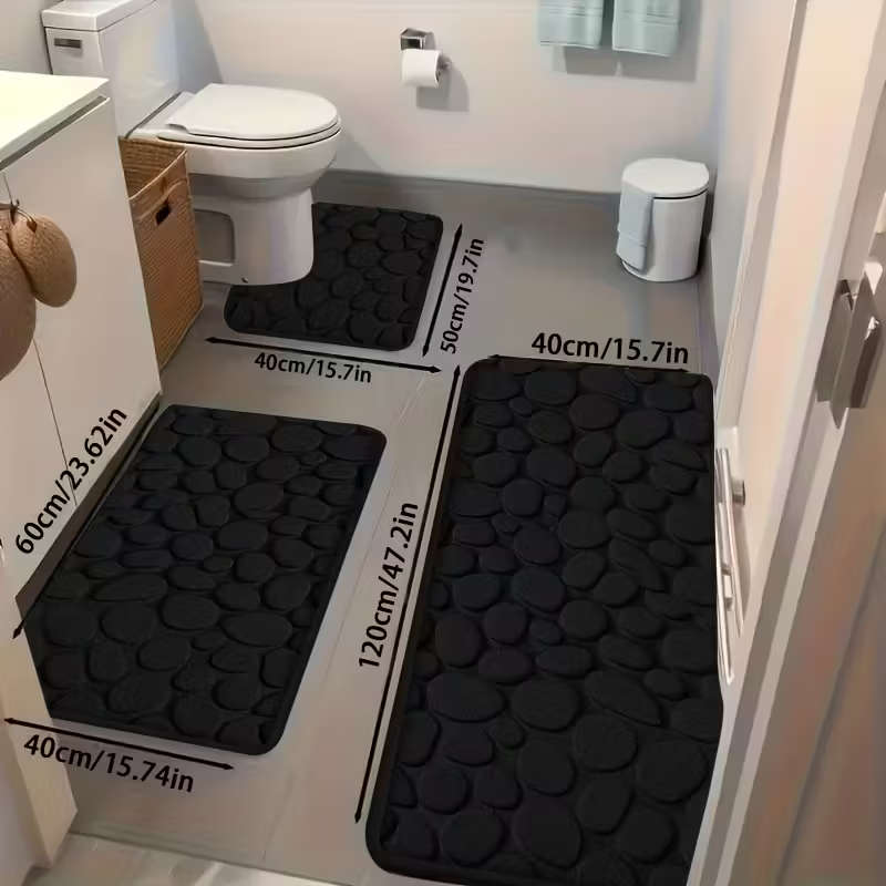 3-Piece Embossed Pebble Pattern Bathroom Rug Set Black