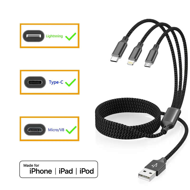 3-in-1 Fast Charging USB Cable For IPhone, For SamSung, Type-C, Micro USB Devices