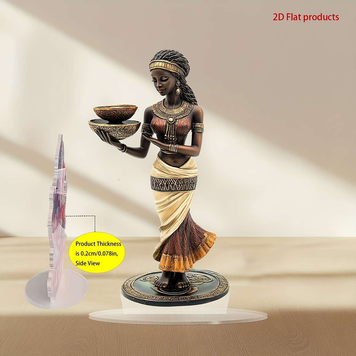 1pc 2D Flat  Elegant Bohemian African Lady Statue with Golden Accents  Acrylic Crystal Decoration In